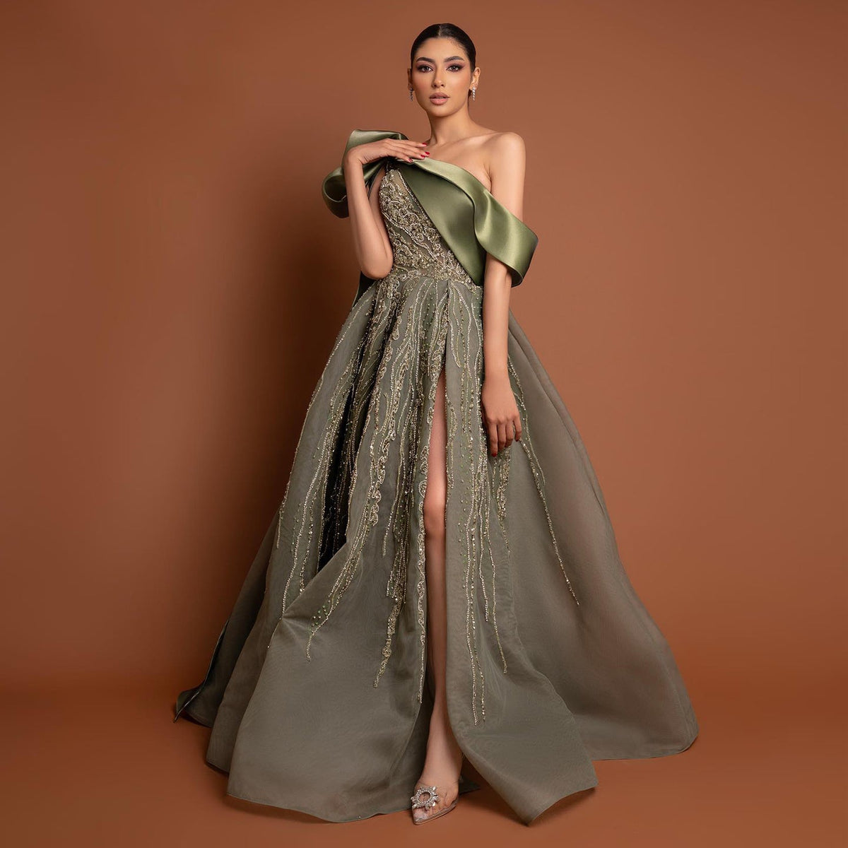Luxury Olive Green One Shoulder Evening Dress with Cape Sleeves SS323