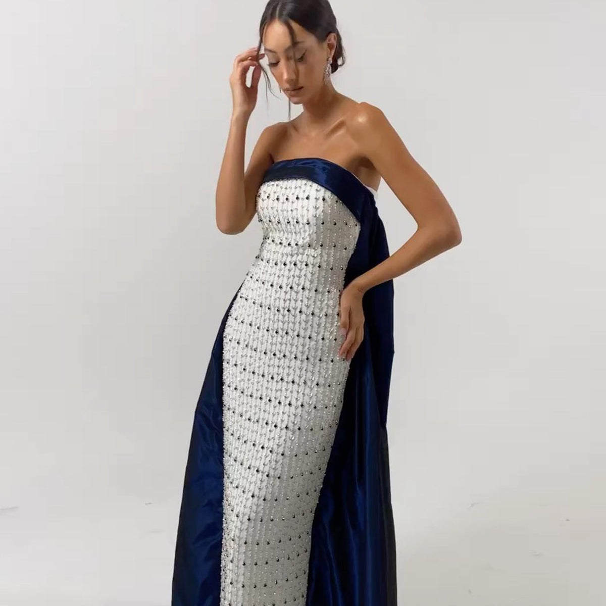 Luxury Beaded White Strapless Evening Dress with Cape SS422