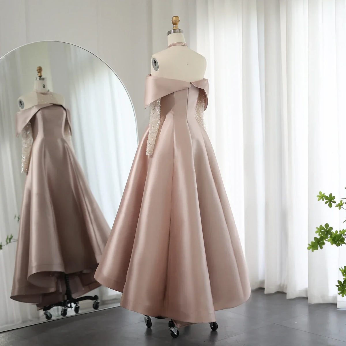 Dreamy Vow Elegant Khaki Satin High Low Dubai Evening Dress for Wedding Party Halter Arabic Women Midi Formal Guest Gowns F 058