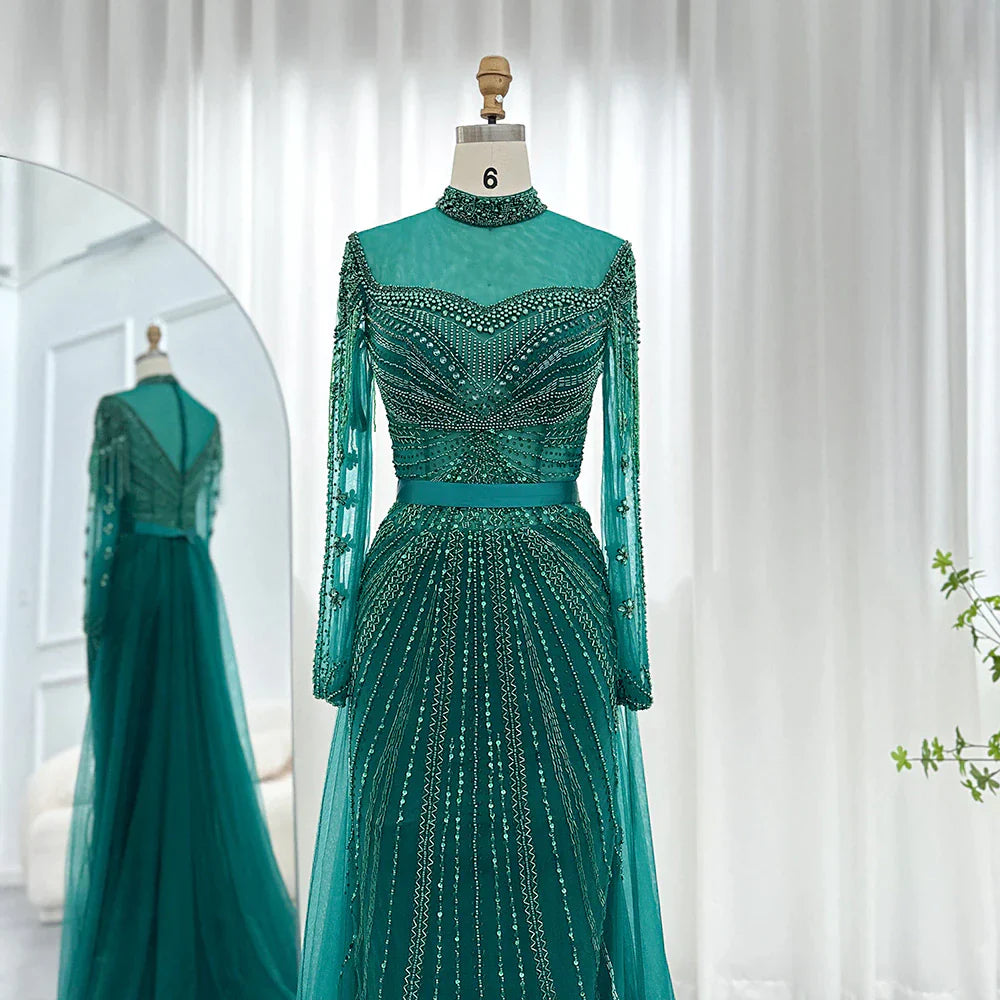 Dreamy Vow Luxury Champagne Mermaid Dubai Evening Dress with Detachable Overskirt Arabic Women Wedding Formal Party Gowns 265