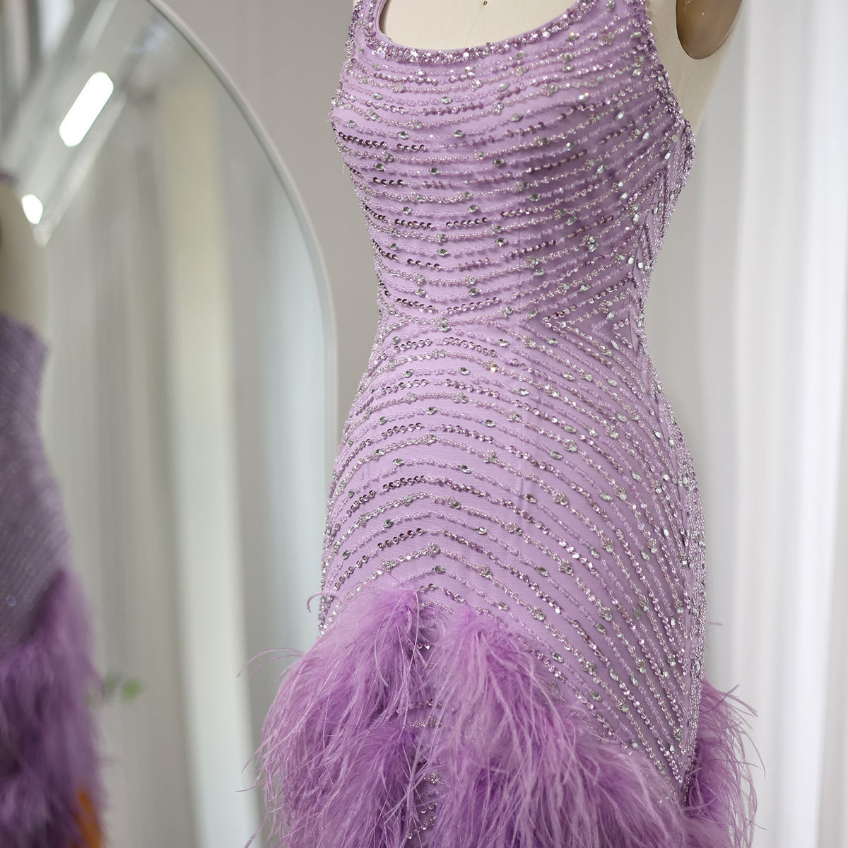 Dreamy Vow Luxury Feathers Lilac Evening Dresses Elegant Halter Mermaid Women Wedding Party Prom Gowns 473