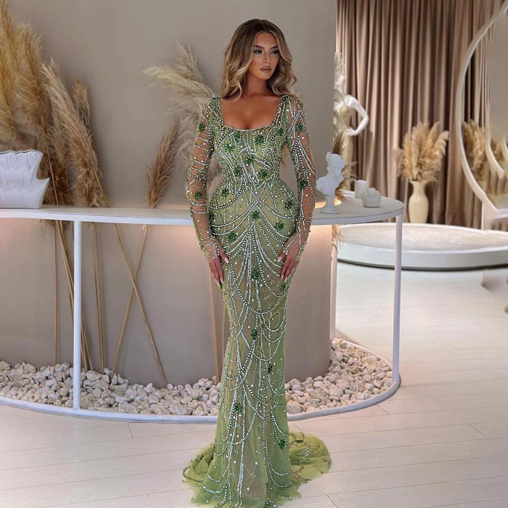 Luxury Green Beaded Long Sleeves Mermaid Evening Dress SS163