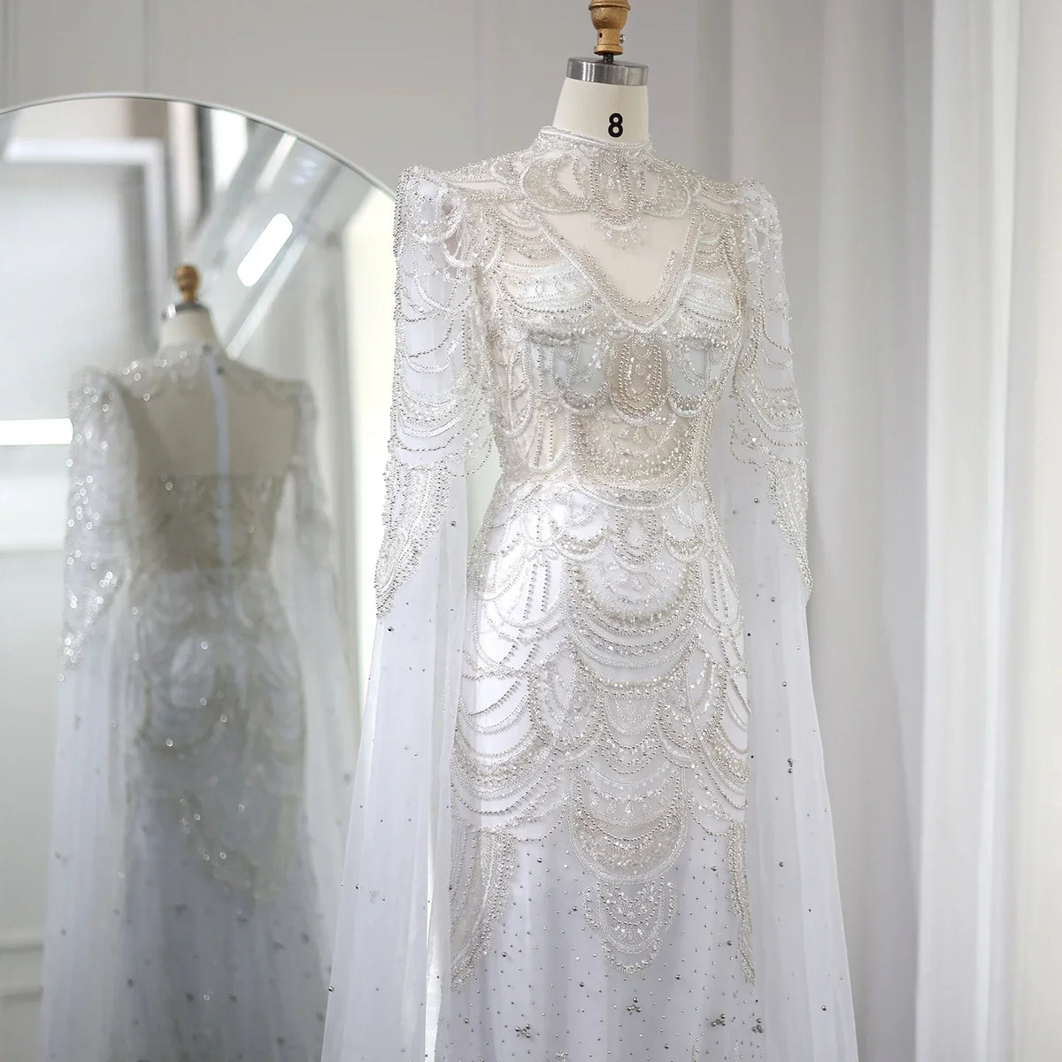 Dreamy Vow Green Luxury Dubai Mermaid Evening Dresses with Cape Sleeves Arabic Muslim Women Wedding Party Gowns Plus Size 145