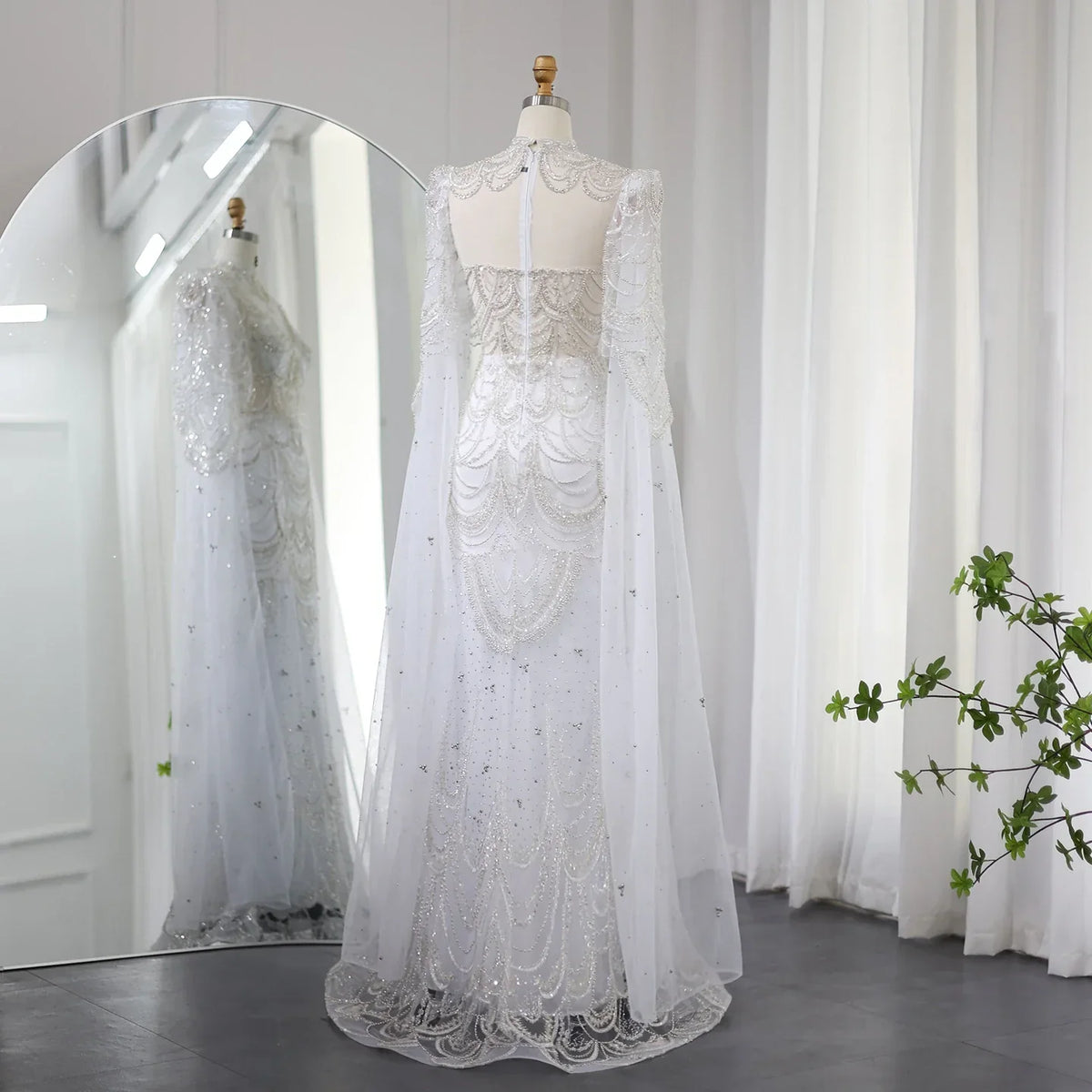 Dreamy Vow Green Luxury Dubai Mermaid Evening Dresses with Cape Sleeves Arabic Muslim Women Wedding Party Gowns Plus Size 145