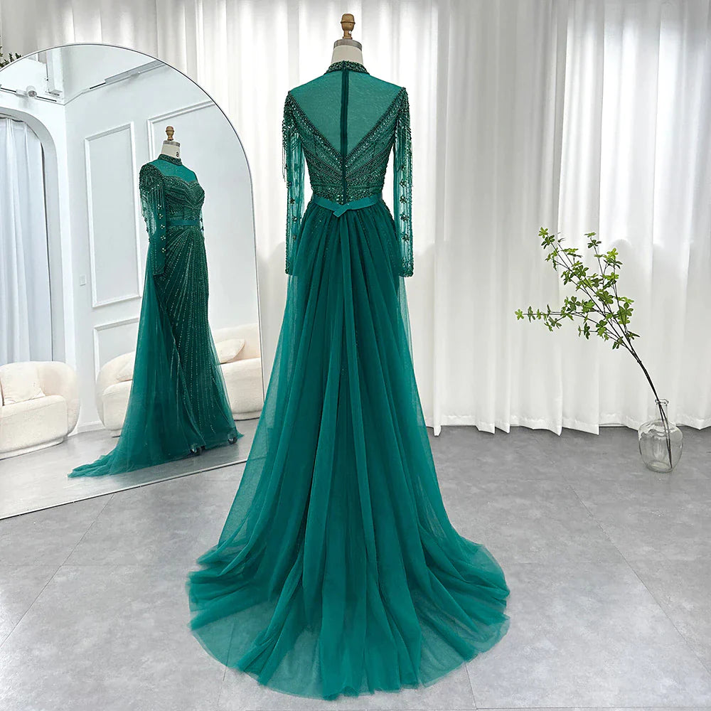 Dreamy Vow Luxury Champagne Mermaid Dubai Evening Dress with Detachable Overskirt Arabic Women Wedding Formal Party Gowns 265