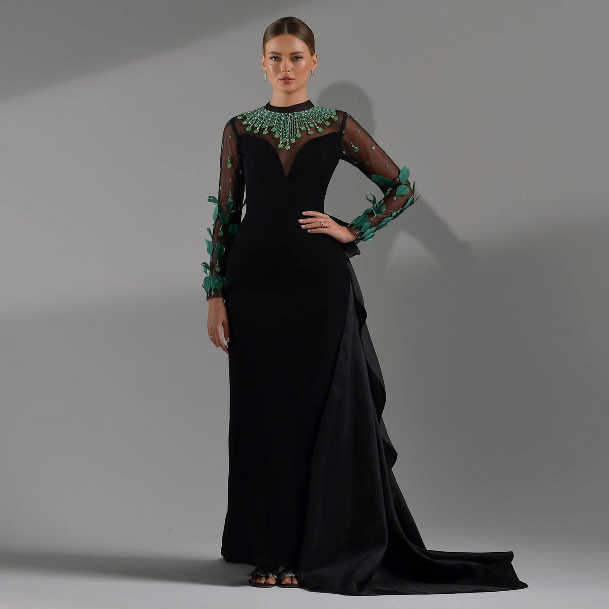 Luxury Green Feathers Black Long Sleeves Evening Dress SS457