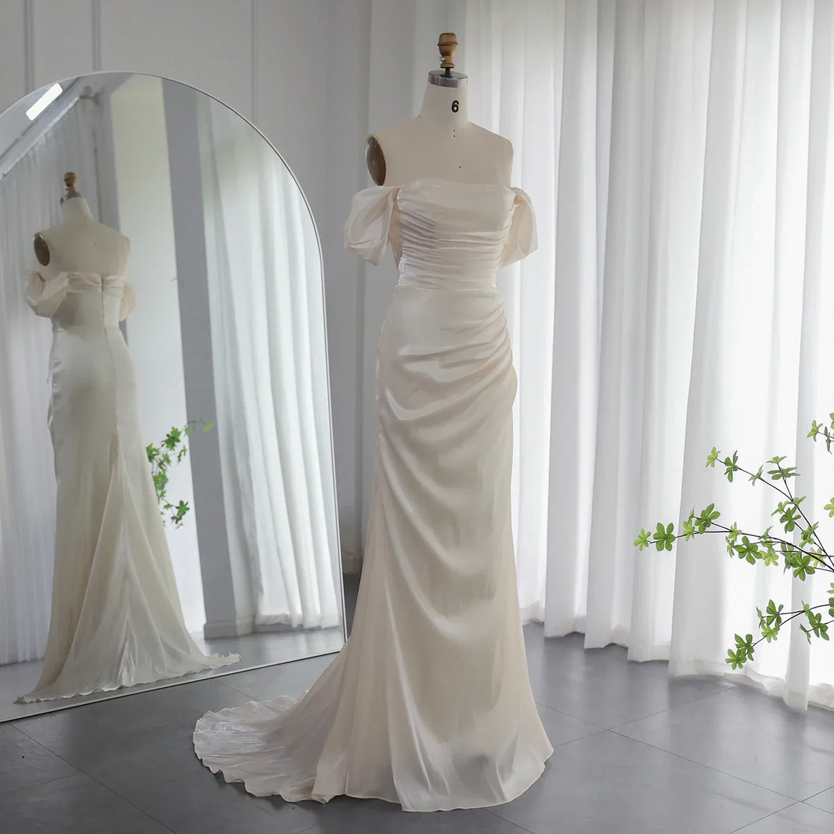 Dreamy Vow 2023 Elegant Off Shoulder Arabic Mermaid Beige Evening Dress for Women Wedding Party Dubai Long Formal Gowns F001