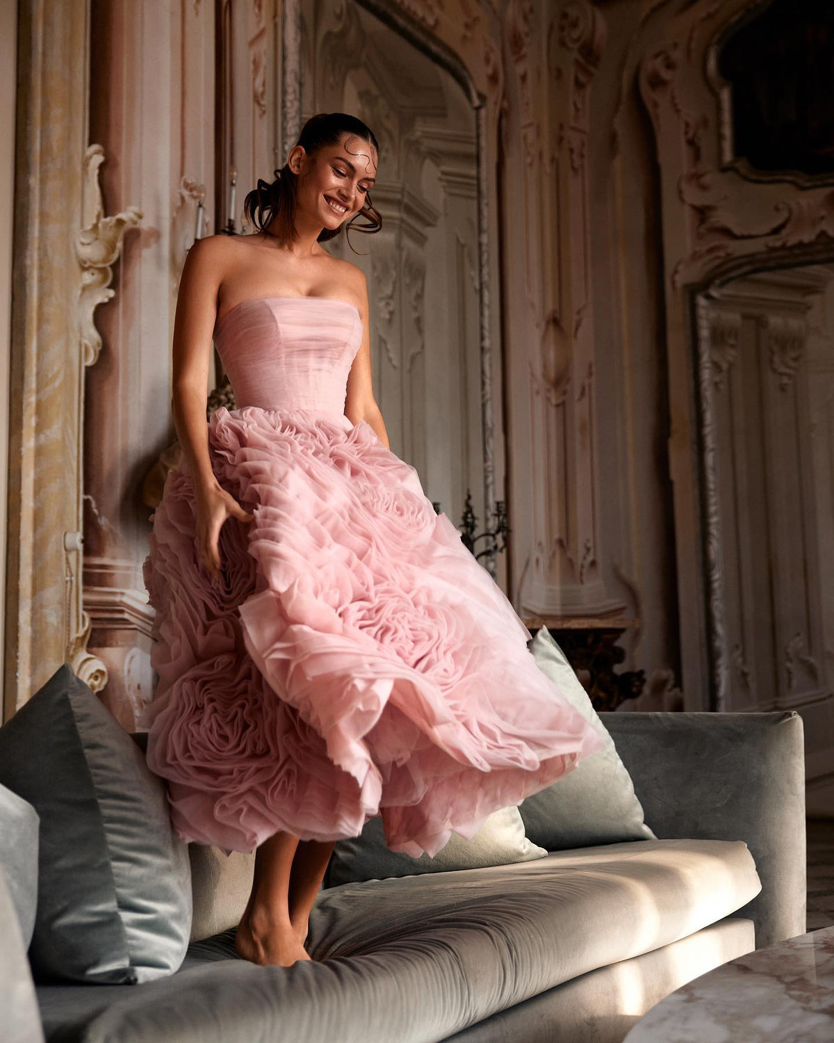 Dreamy Vow Luxury 3D Rose Flower Pink Short Evening Dresses for Women Wedding Party 2023 Strapless Midi Formal Prom Gowns 343