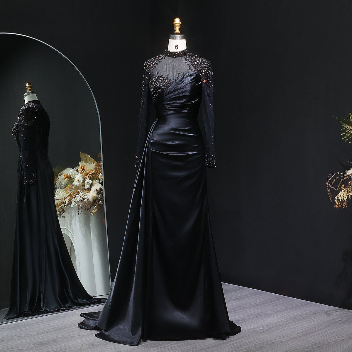 Luxury Crystal Long Sleeves Evening Dress with Overskirt  SF344