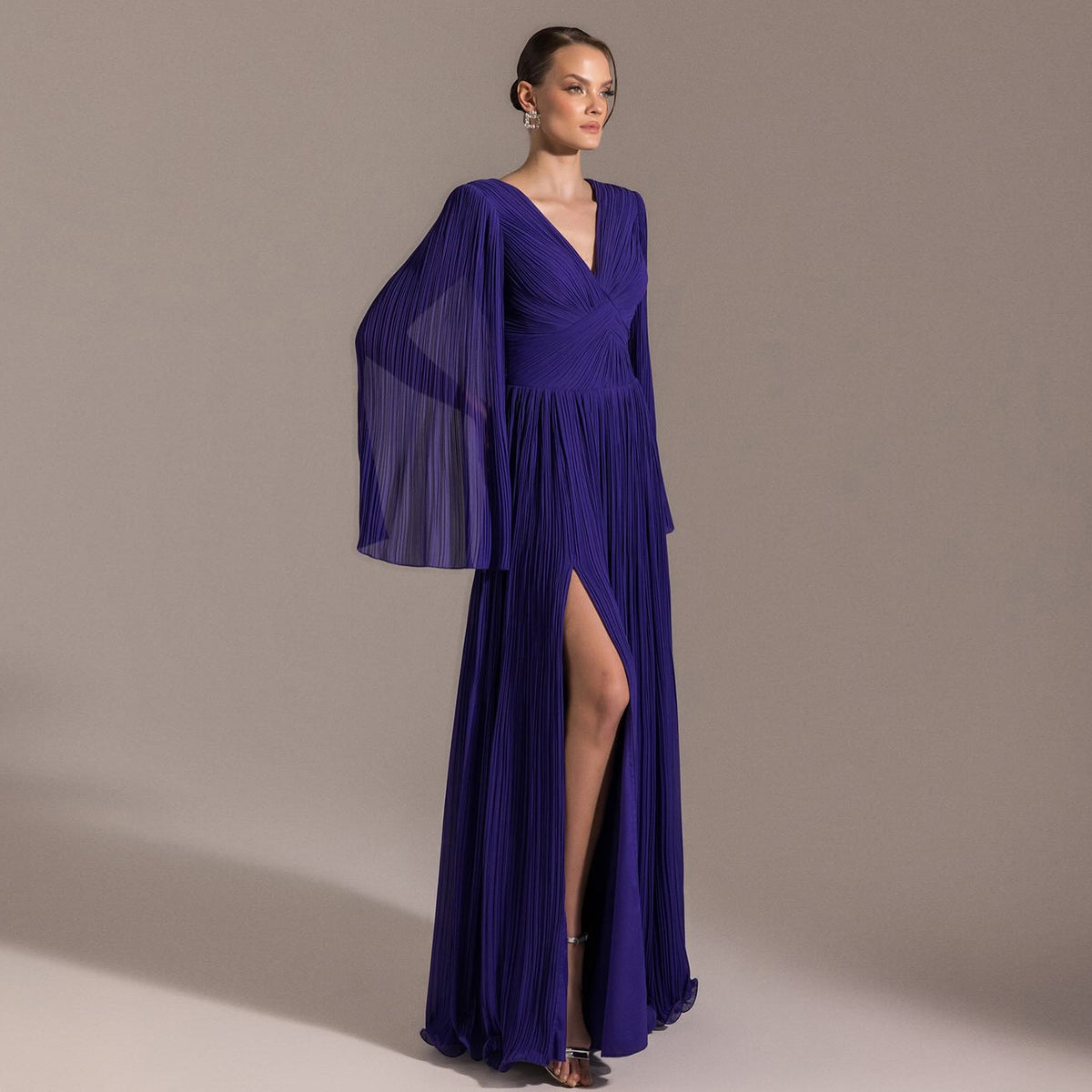 Elegant Ruffles Purple Evening Dress with Cape Sleeves SF412