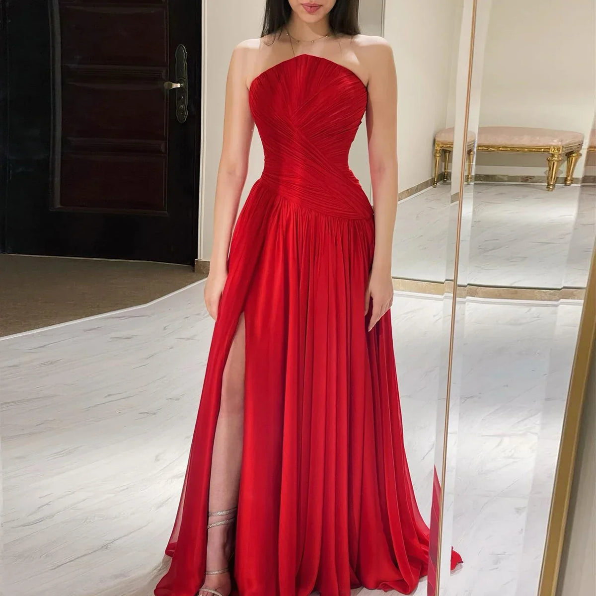 Elegant Red Chiffon A-Line Strapless Long Evening Dress with Slit SF141