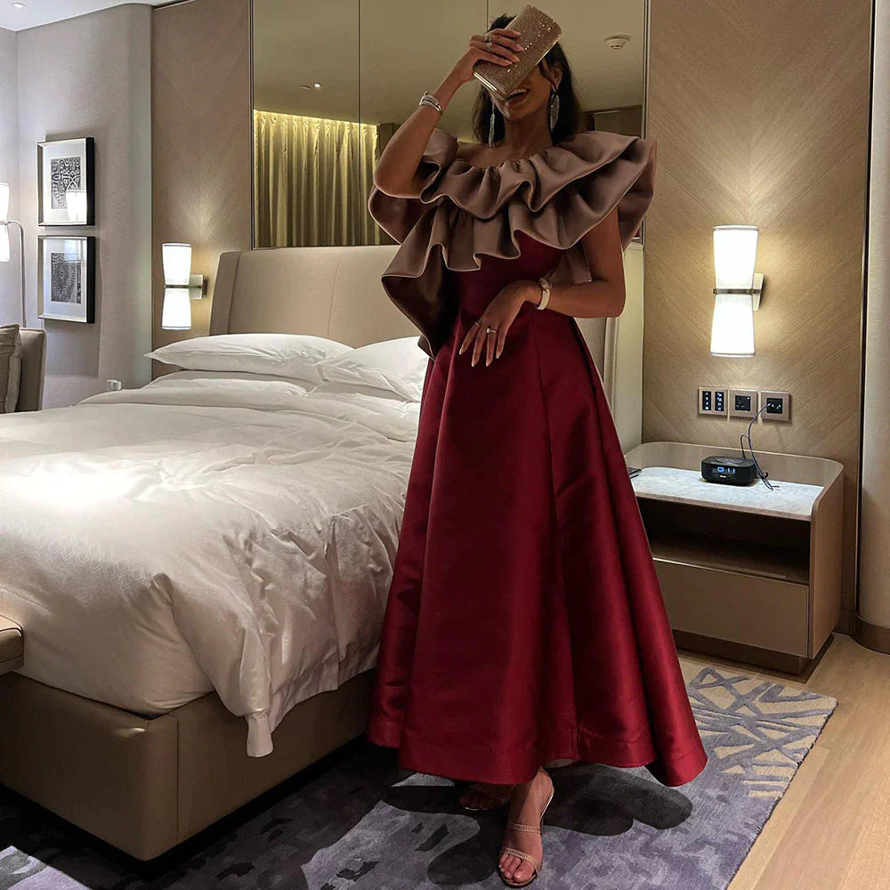 Dreamy Vow Elegant Pink Burgundy Dubai Short Evening Dresses for Wedding Party 2023 Arabic Women Midi Formal Guest Gowns F 057