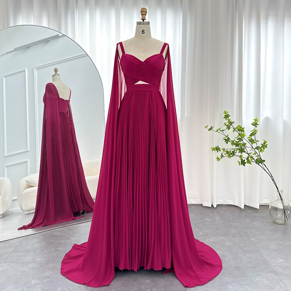 Dreamy Vow Arabic Fuchsia Chiffon Dubai Evening Dresses with Cape Sleeves Elegant Yellow Women Wedding Party Formal Gowns F090