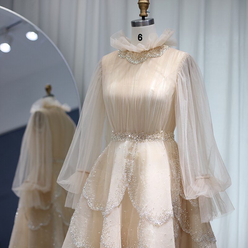 DreamyVow Champagne Long Sleeve Muslim Evening Dresses 2023 Luxury Dubai Arabic Formal Dreess for Women Wedding Party 480