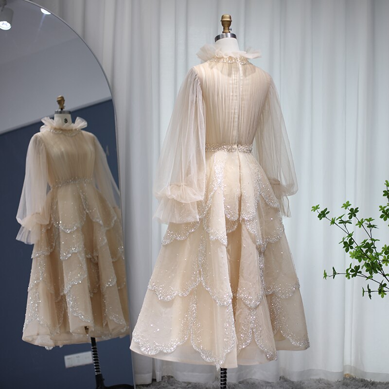 DreamyVow Champagne Long Sleeve Muslim Evening Dresses 2023 Luxury Dubai Arabic Formal Dreess for Women Wedding Party 480