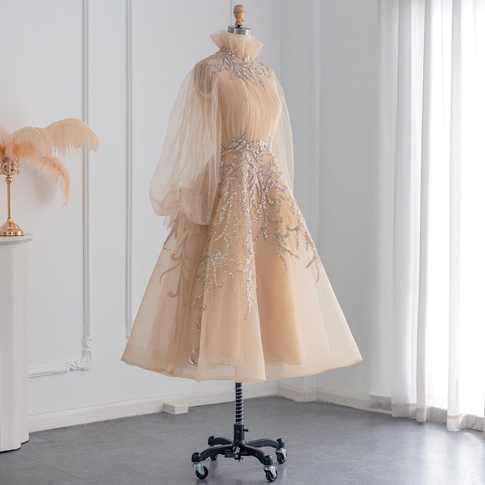 Dreamy Vow Champagne Long Sleeve Muslim Evening Dresses Luxury Dubai Midi Short Arabic Formal Gowns for Wedding Party 496