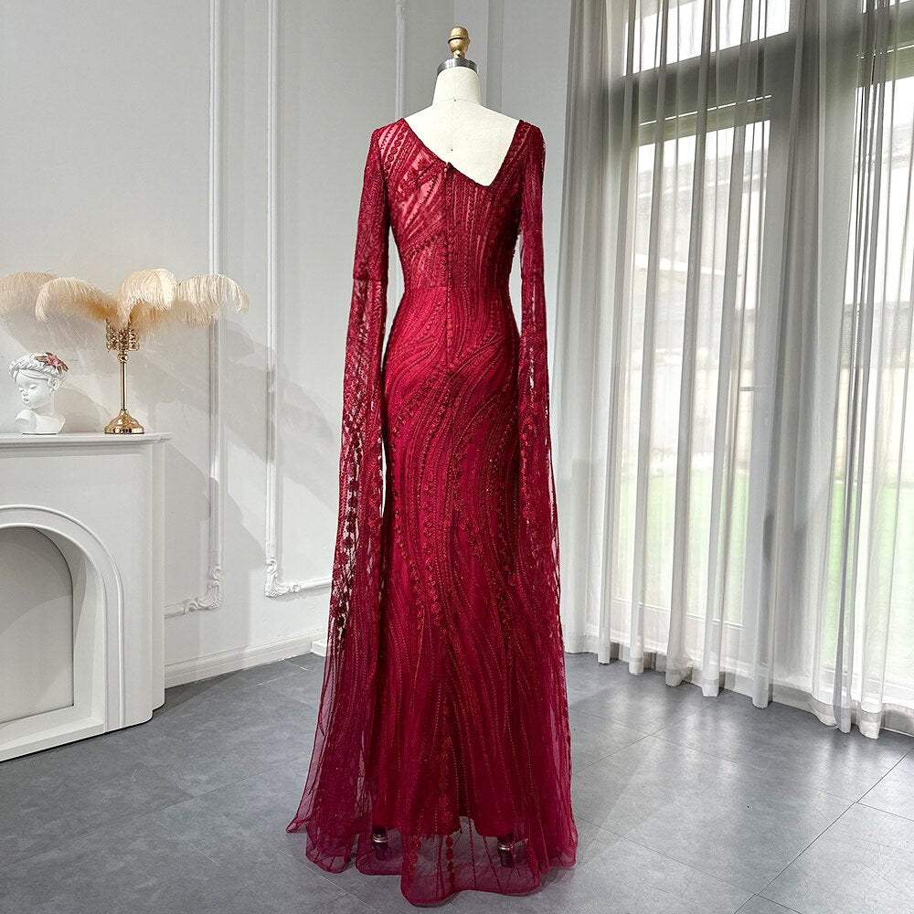 Dreamy Vow Elegant Burgundy Mermaid Evening Dresses with Long Sleeve Luxury Dubai Crystal Women Wedding Formal Party Gown 146