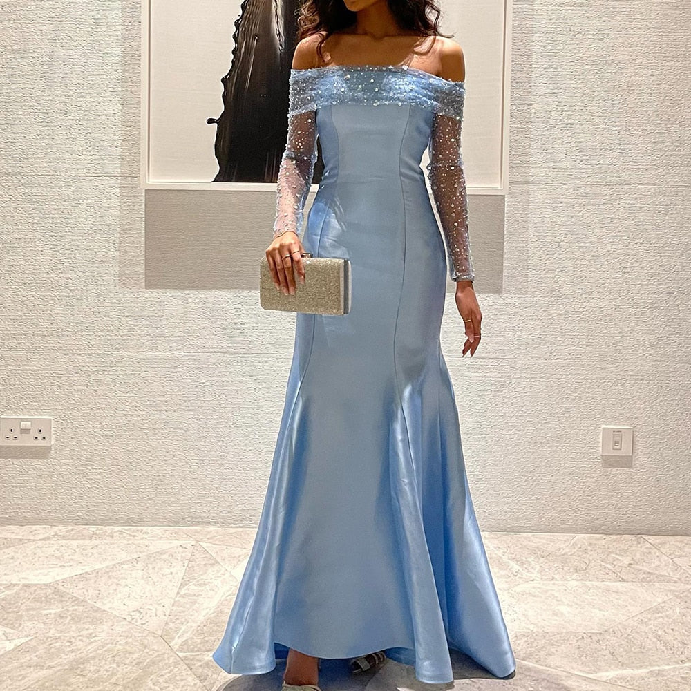 long sleeve off shoulder dress Elegant Off Shoulder Blue Long Sleeves Mermaid Evening Dress SF079 – Sharon Said