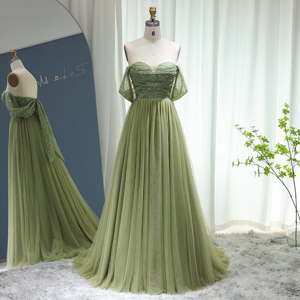 Dreamy Vow Elegant Off Shoulder Sage Evening Dresses for Women Wedding Guest Luxury Beaded Arabic Long Formal Party Gown 314
