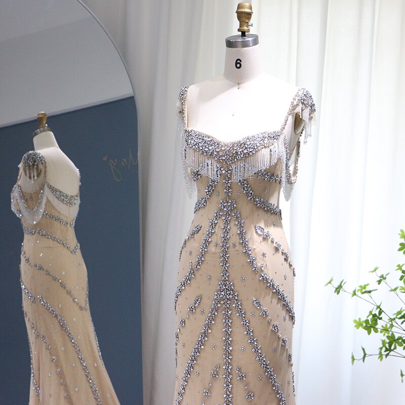 Dreamy Vow Kendall Jenner Nude Mermaid Luxury Dubai Evening Dresses 2023 Crystal Tassel Long Prom Graduation Party Gowns 358