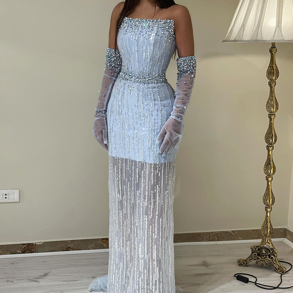 Elegant Light Blue Pearls Strapless Evening Dresses SS395 – Sharon Said Elegant Light Blue Pearls Strapless Evening Dresses SS395 – Sharon Said