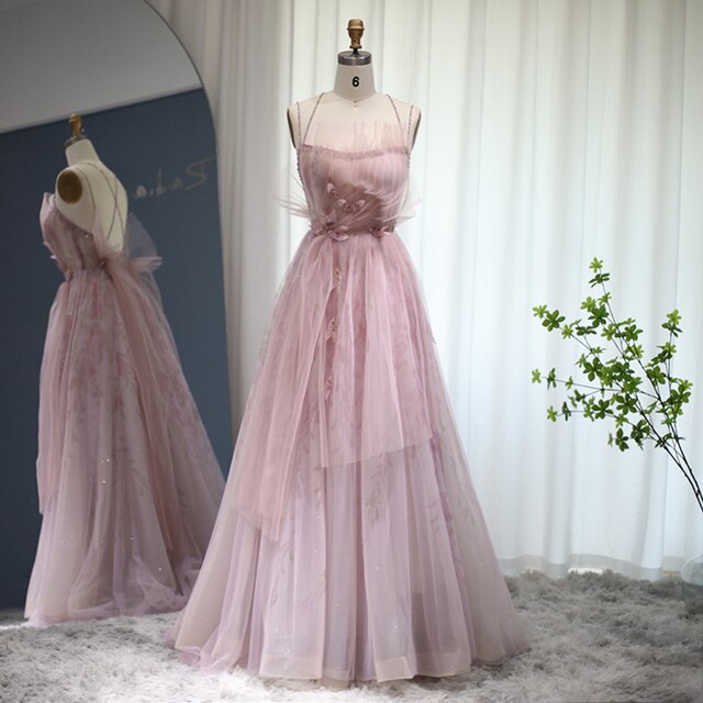 Dreamy Vow Lilac Floral Tulle Long Evening Dress 2023 Spaghetti Straps Backless Formal Prom Dresses for Wedding Party 236