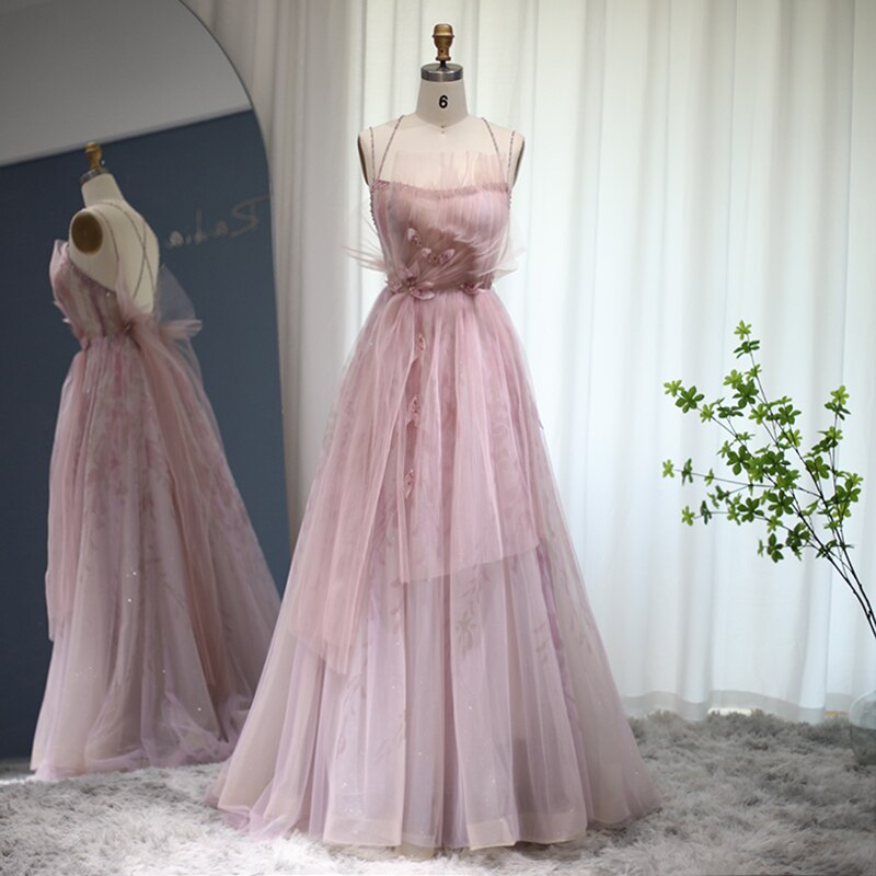 Dreamy Vow Lilac Floral Tulle Long Evening Dress 2023 Spaghetti Straps Backless Formal Prom Dresses for Wedding Party 236