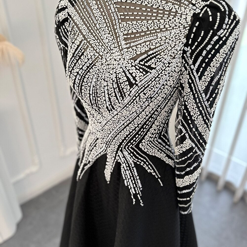 Dreamy Vow Luxury Black Short Muslim Evening Dress Long Sleeve 2023 Elegant A-Line Arabic Women Party Prom Formal Dresses 212
