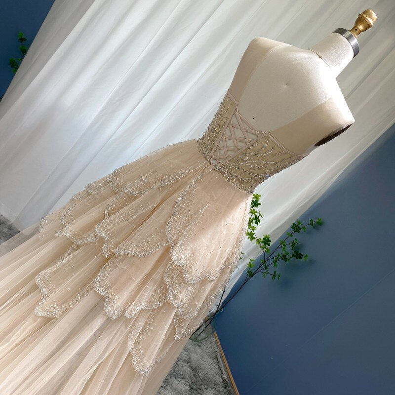 Dreamy Vow Luxury Dubai Champagne High Low Evening Dress Elegant Tiered Short Front Long Back Arabic Prom Party Gowns 249
