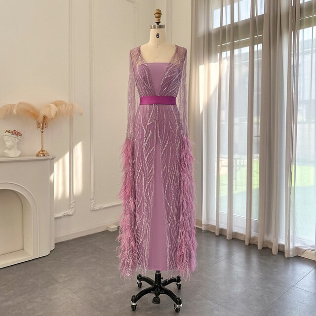 DreamyVow Luxury Dubai Feathers Light Yellow Evening Dresses with Cape Sleeves Arabic Purple Women Wedding Party Gowns 420