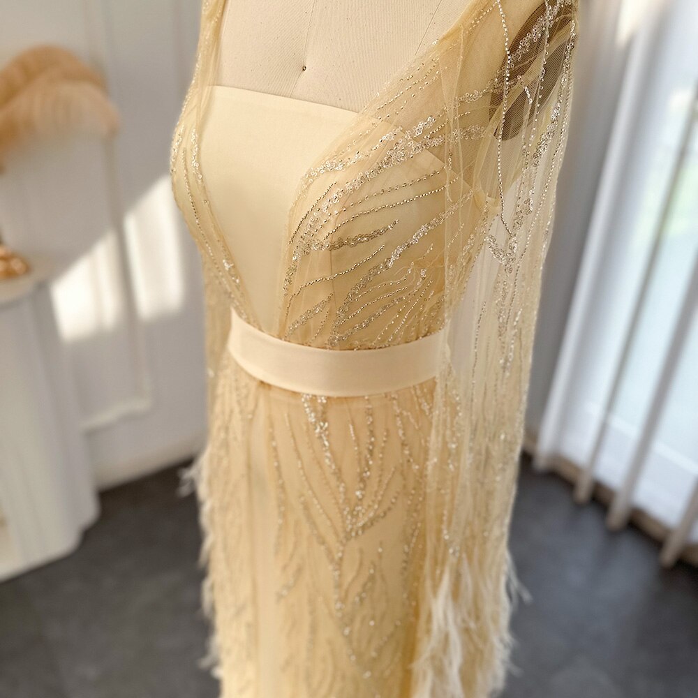 DreamyVow Luxury Dubai Feathers Light Yellow Evening Dresses with Cape Sleeves Arabic Purple Women Wedding Party Gowns 420