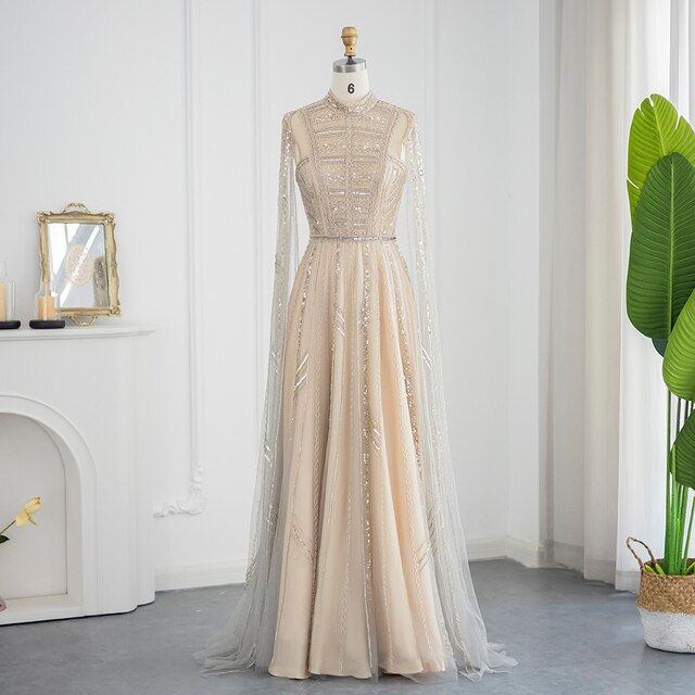 Dreamy Vow Luxury Dubai Grey Nude Arabic Evening Dresses with Cape Sleeves Elegant Women Formal Gowns for Wodding Party 428