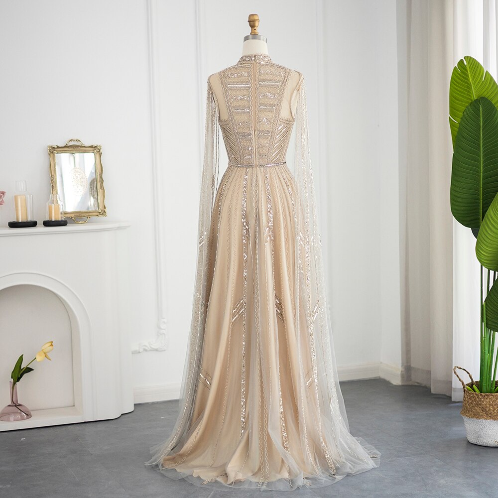 Dreamy Vow Luxury Dubai Grey Nude Arabic Evening Dresses with Cape Sleeves Elegant Women Formal Gowns for Wodding Party 428