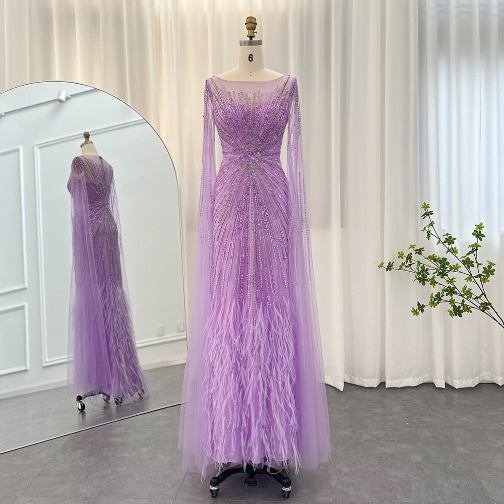 Sharon Said Luxury Dubai Lilac Feathers Evening Dresses with Cape Slee
