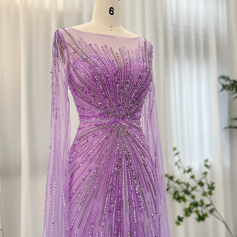 DreamyVow Luxury Dubai Lilac Feathers Evening Dresses with Cape Sleeves 2023 Arabic Long Women Wedding Party Prom Dress 196