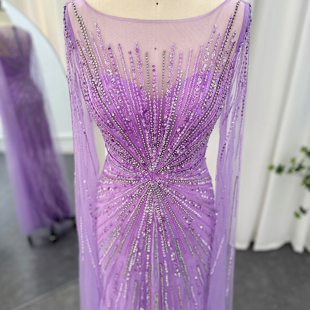 DreamyVow Luxury Dubai Lilac Feathers Evening Dresses with Cape Sleeves 2023 Arabic Long Women Wedding Party Prom Dress 196