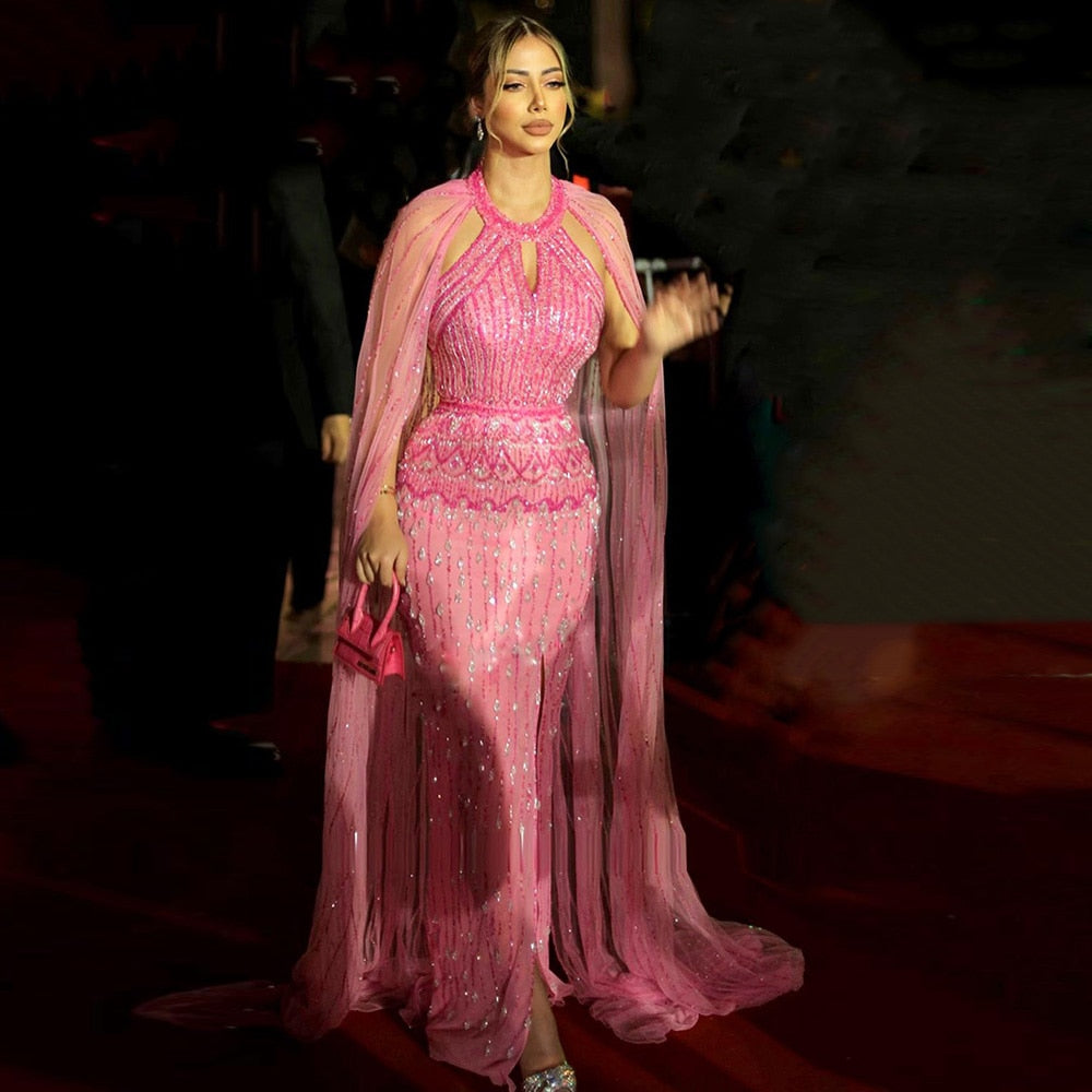 mermaid dress dubai DreamyVow Luxury Dubai Mermaid Pink Evening Dresses with Cape Sleeves 2023  Arabic Women Wedding Guest Formal Party Gowns 361 – Sharon Said