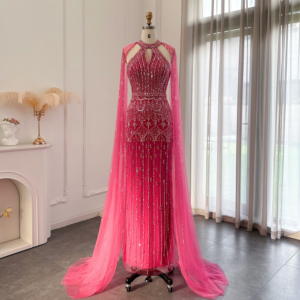 DreamyVow Luxury Dubai Mermaid Pink Evening Dresses with Cape Sleeves 2023 Arabic Women Wedding Guest Formal Party Gowns 361