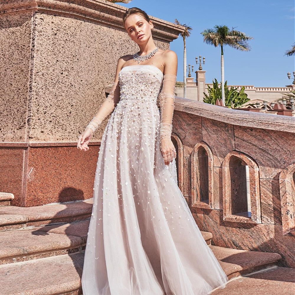 luxury dubai dresses Luxury Pearls White Nude A-Line Evening Dresses with Gloves SS373 – Sharon  Said