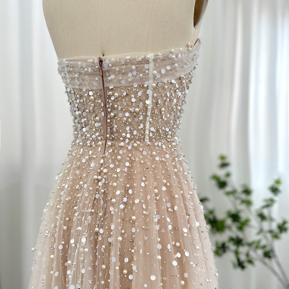 Dreamy Vow Luxury Dubai Pearls White Nude Arabic Evening Dresses with Gloves Elegant Women Wedding Bridal Party Gowns 373