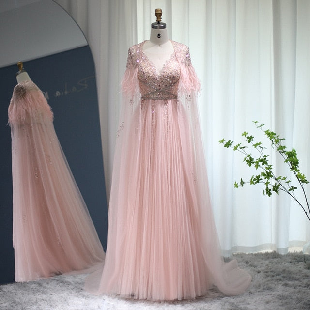 DreamyVow Luxury Dubai Silver Grey Evening Dresses with Feather Cape Shawl Arabic Women Wedding Party Formal Prom Dress 147