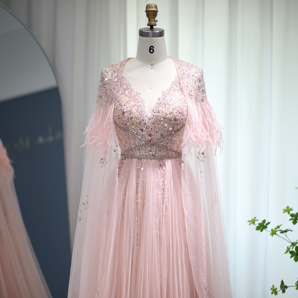 DreamyVow Luxury Dubai Silver Grey Evening Dresses with Feather Cape Shawl Arabic Women Wedding Party Formal Prom Dress 147