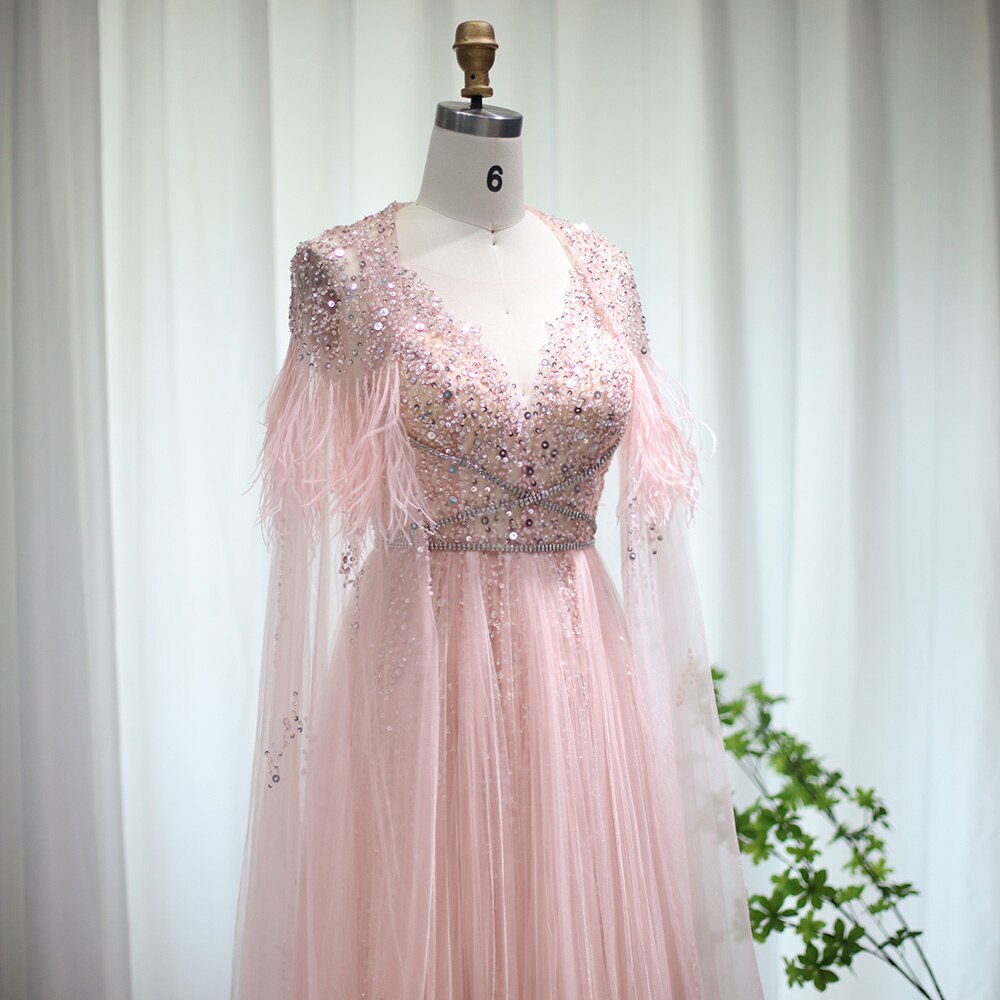 DreamyVow Luxury Dubai Silver Grey Evening Dresses with Feather Cape Shawl Arabic Women Wedding Party Formal Prom Dress 147