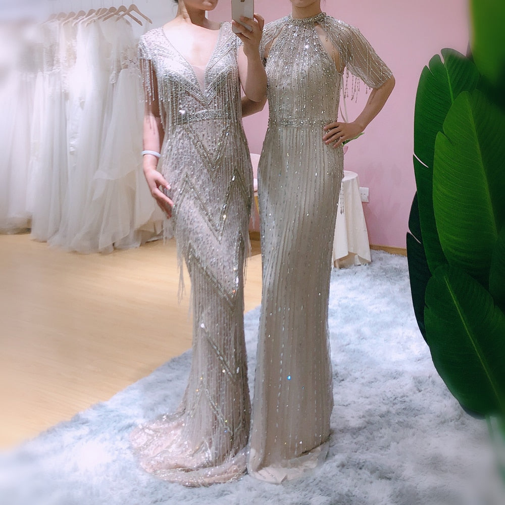 DreamyVow Luxury Dubai Tassel Silver Evening Dress Long Mermaid Prom Dresses Sexy V-Neck Women Wedding Party Gowns 029