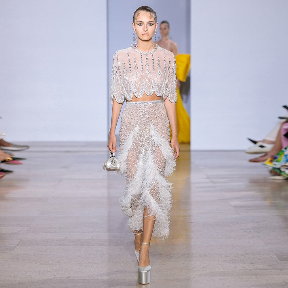 luxury dress bead runway Luxury Champagne Beaded Crystal Fitted Evening Dress with Sheer Cape SS533