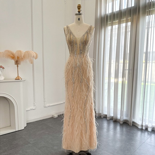 Champagne Feather V Neck Prom Dress Champagne Feather V Neck Prom Dress