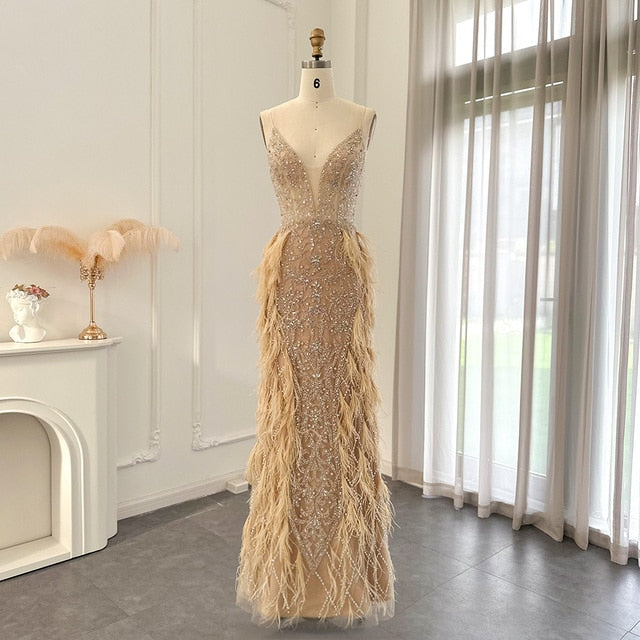 Dreamy Vow Luxury Feathers Mermaid Champagne Evening Dresses for Women Wedding 2023 Spaghetti Straps Prom Formal Gowns 374
