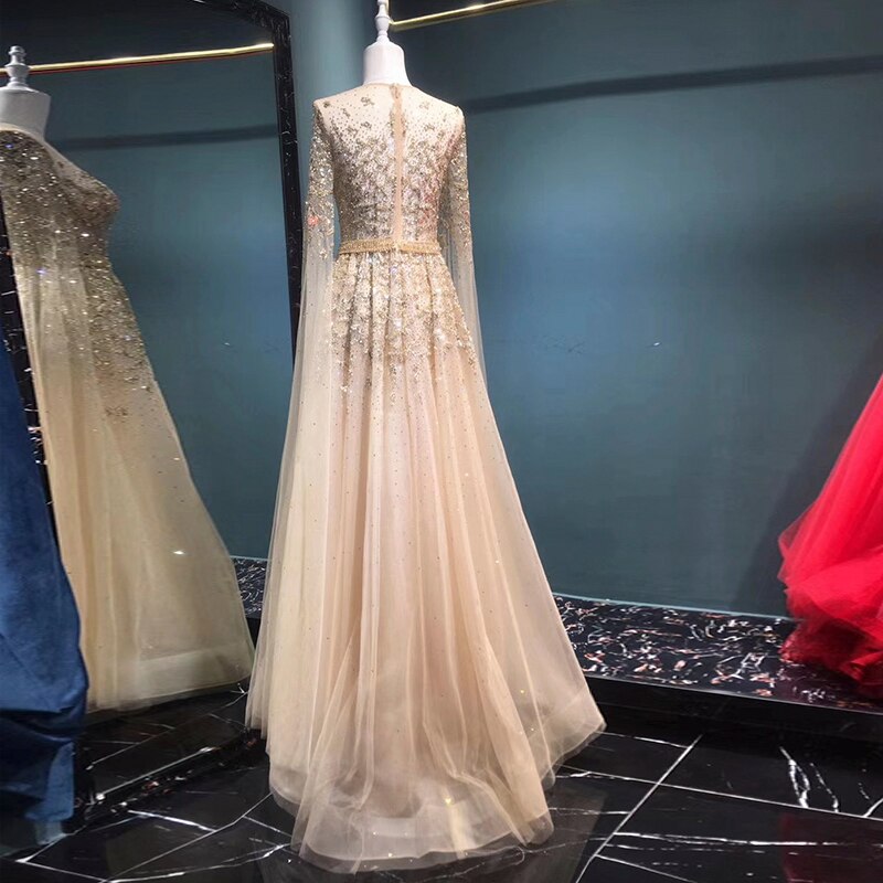 Dreamy Vow Luxury Gold Evening Dress with Cape Sleeve Crystal Silver Formal Dresses for Women Wedding Party 268