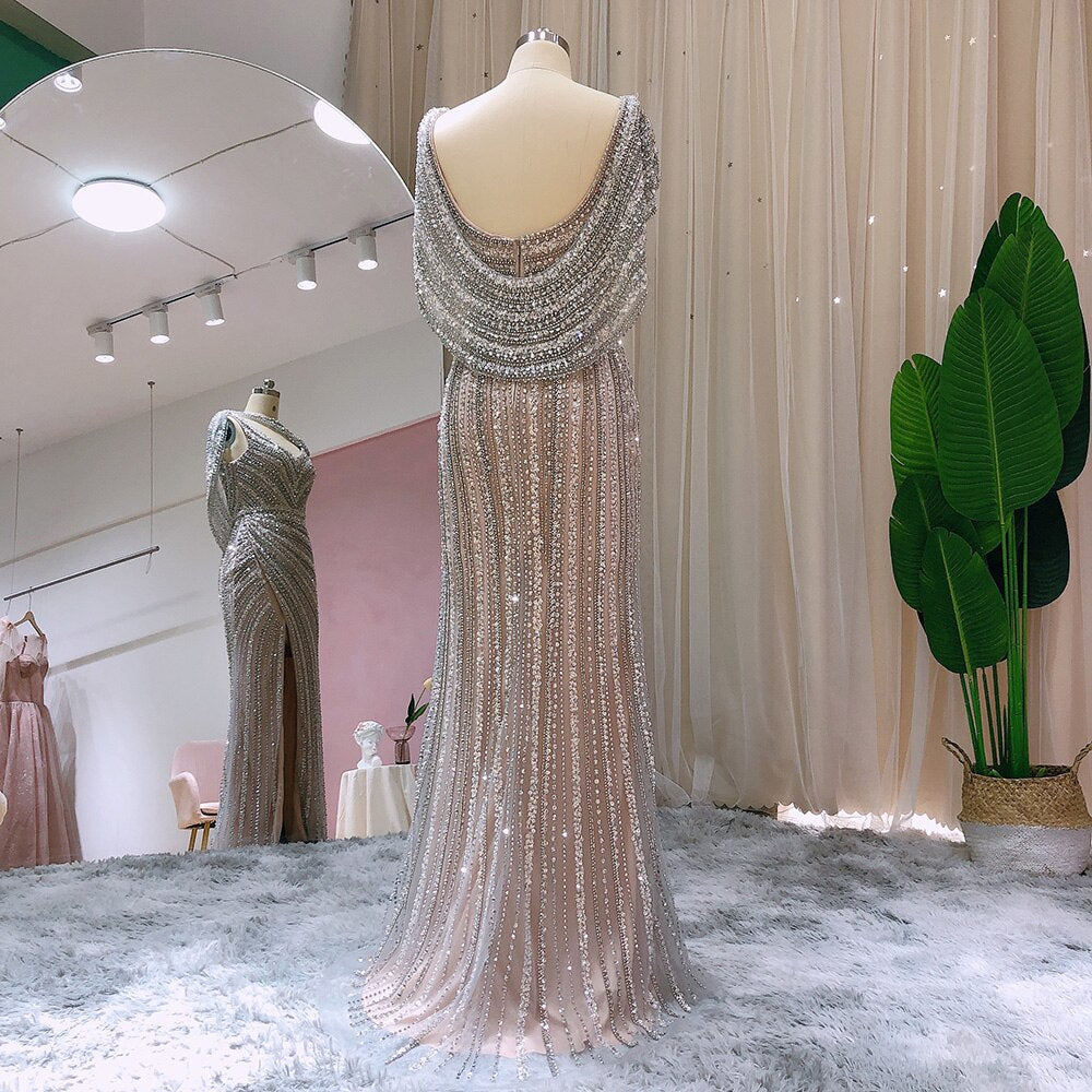 Dreamy Vow Luxury Silver Mermaid Dubai Evening Dress with Cape Heavy Beaded Slit Prom Dresses for Women Wedding Party 035