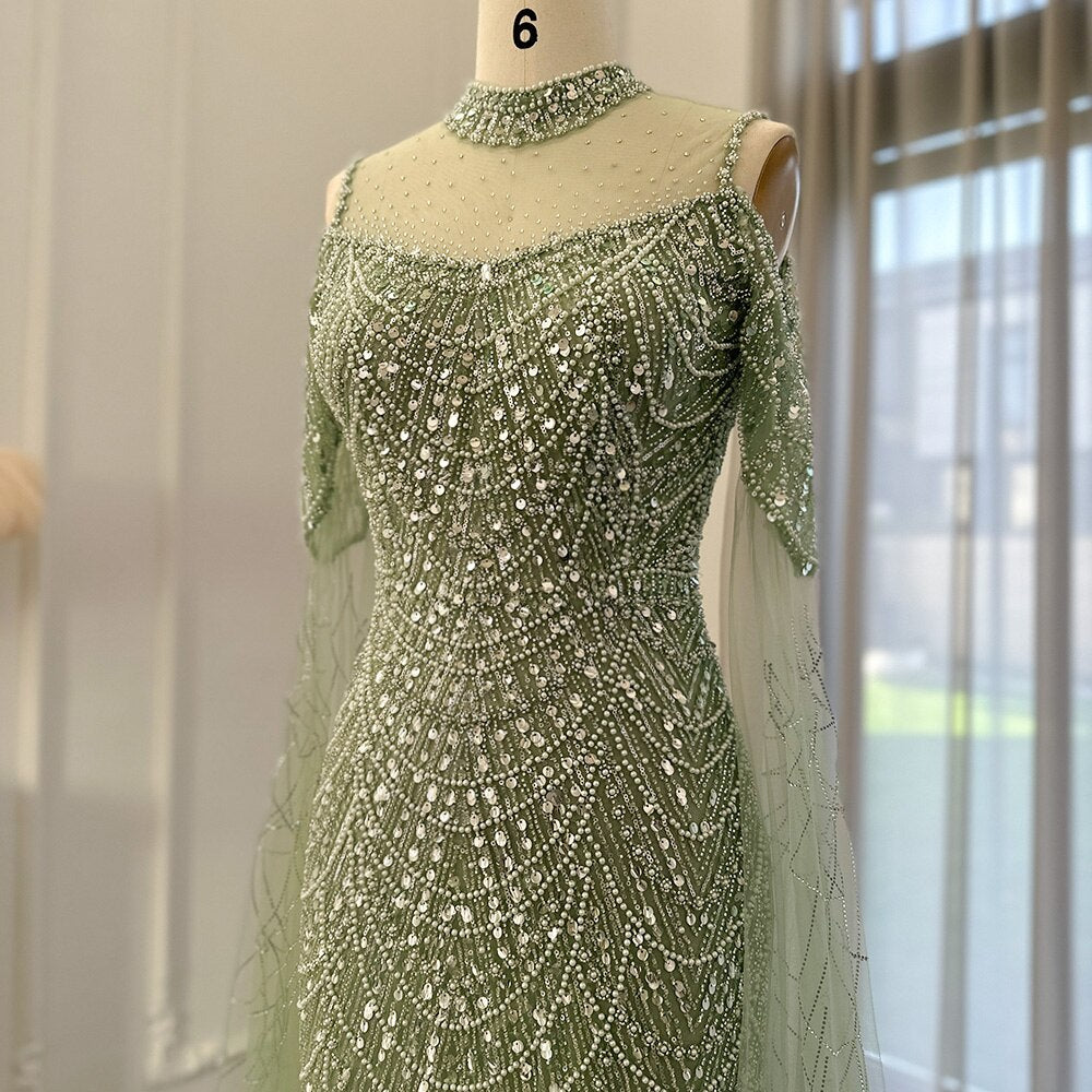 Dreamy Vow Sage Green Mermaid Luxury Dubai Evening Dress with Cape Sleeves Elegant Women Purple Wedding Formal Party Gown 205